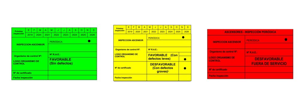 los 3 modelos de etiquetas que marca la nueva ITC de ascensores para las inspecciones periodicas obligatorias